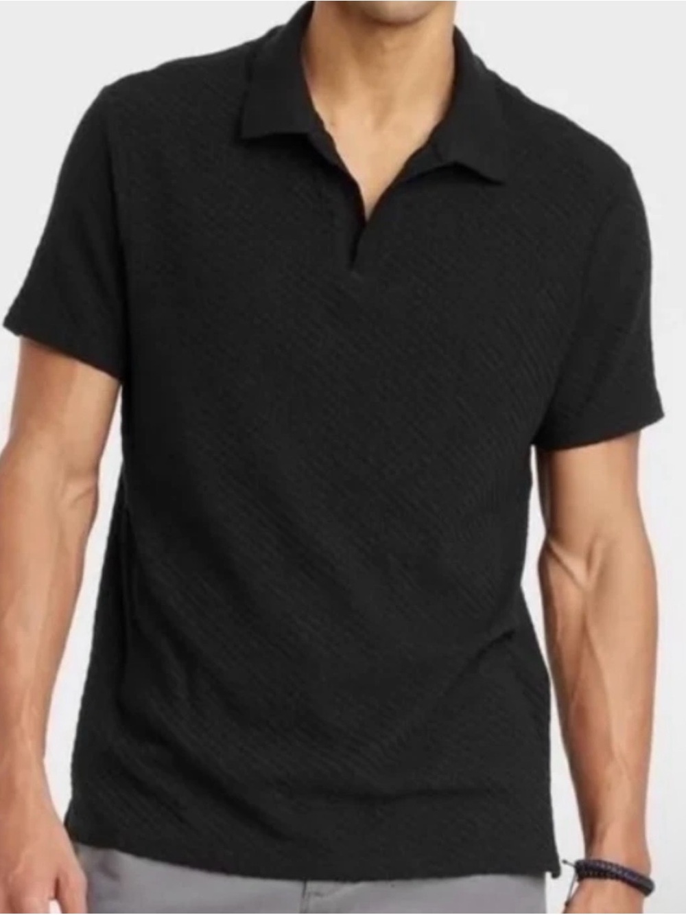 Men's Short Sleeve Black Knit Polo Shirt, M